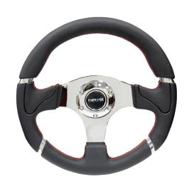 NRG Innovations 350mm EVO Style Reinforced Black Leather Steering Wheel with Red Stitching and Chrome Center