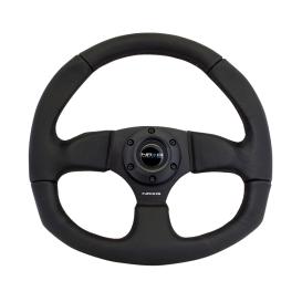 Flat Bottom Reinforced Black Leather Steering Wheel with Black Stitching