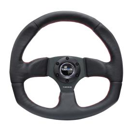 NRG Innovations Flat Bottom Reinforced Black Leather Steering Wheel with Red Stitching