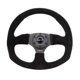 Flat Bottom Reinforced Black Suede Steering Wheel with Black Stitching