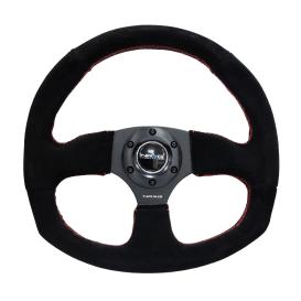 Flat Bottom Reinforced Black Suede Steering Wheel with Red Stitching