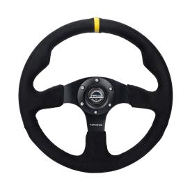 NRG Innovations 320mm Reinforced Black Alcantara Steering Wheel with Black Stitching and Yellow Center Mark