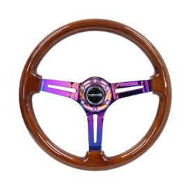 NRG Innovations 350mm Reinforced Brown Painted Wood Steering Wheel with Neo Chrome Slitted Spokes