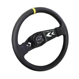 NRG Innovations 350mm 2-Spoke Black Leather Steering Wheel with Black Stitching, Yellow Center Mark and NRG Arrow Cut-Out