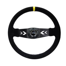 NRG Innovations 350mm 2-Spoke Black Suede Steering Wheel with Black Stitching, Yellow Center Mark and NRG Arrow Cut-Out