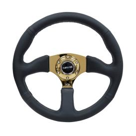 350mm 3-Spoke Black Leather Sport Comfort Grip Steering Wheel with Gold Spokes