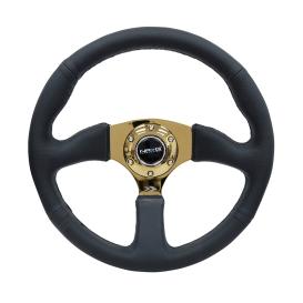   NRG Innovations 350mm 3-Spoke Black Leather Sport Comfort Grip Steering Wheel with Gold Spokes