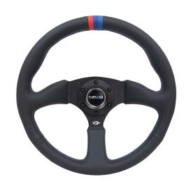 NRG Innovations 350mm 3-Spoke Black Leather Sport Comfort Grip Steering Wheel with Matte Black Spokes and BMW M3 Center Marking