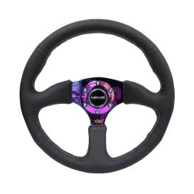 NRG Innovations 350mm 3-Spoke Black Leather Sport Comfort Grip Steering Wheel with Neo Chrome Spokes