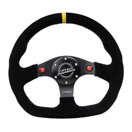 NRG Innovations Flat Bottom Black Suede Sport Steering Wheel with 2-Switches, Matte Black Spokes and Yellow Center Mark