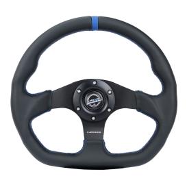 NRG Innovations Flat Bottom Black Leather Sport Steering Wheel with Matte Black Spokes and Blue Center Mark