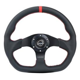 Flat Bottom Black Leather Sport Steering Wheel with Matte Black Spokes and Red Center Mark
