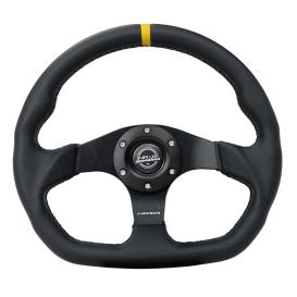 NRG Innovations Flat Bottom Black Leather Sport Steering Wheel with Matte Black Spokes and Yellow Center Mark