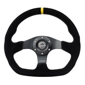 Flat Bottom Black Suede Sport Steering Wheel with Matte Black Spokes and Yellow Center Mark