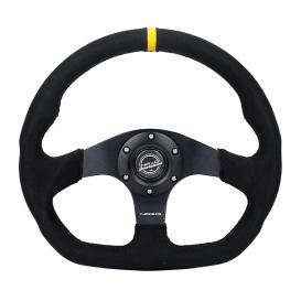 NRG Innovations Flat Bottom Black Alcantara Sport Steering Wheel with Matte Black Spokes and Yellow Center Mark