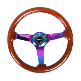 NRG Innovations 350mm Vintage Brown Wood Grain Finish Steering Wheel with Neo Chrome Spokes