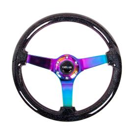 NRG Innovations 350mm Reinforced Black Flaked Painted Wood Steering Wheel with Neo Chrome Spokes