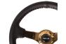 NRG Innovations 350mm Reinforced Black Leather Steering Wheel with Chrome Gold Spokes and Red Stitching - NRG Innovations RST-036CG