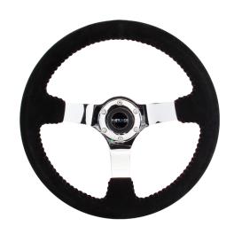 NRG Innovations 350mm Reinforced Black Suede Steering Wheel with Chrome Spokes and Red Stitching