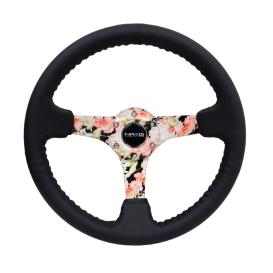 NRG Innovations 350mm Reinforced Black Leather Steering Wheel with Hydro Dipped Tropical Floral Spokes