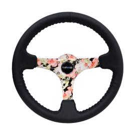   NRG Innovations 350mm Reinforced Black Leather Steering Wheel with Hydro Dipped Tropical Floral Spokes