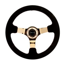 NRG Innovations 350mm Reinforced Black Suede Steering Wheel with Chrome Gold Spokes and Red Stitching