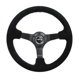 NRG Innovations 350mm Black Suede Sport Steering Wheel with Matte Black Spokes and Blue Stitching