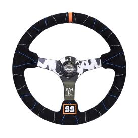 NRG Innovations 350mm KYLE MOHAN Signature Black Suede Sport Steering Wheel with Colored Diamond Stitching and Orange Center Mark