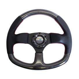 NRG Innovations Flat Bottom Shinny Black Carbon Fiber and Perforated Leather Steering Wheel with Red Stitching