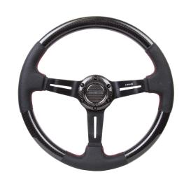 NRG Innovations 350mm Carbon Fiber and Perforated Leather Steering Wheel with Black Slitted Spokes and Red Stitching