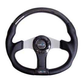 NRG Innovations Oval Shape Wet Carbon Fiber and Leather Steering Wheel with Silver and Carbon Fiber Spokes