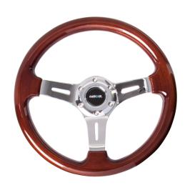 330mm Brown Wood Grain Steering Wheel with Chrome Slitted Spokes