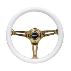NRG Innovations 350mm White Wood Grain Steering Wheel with Chrome Gold Slitted Spokes
