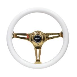   NRG Innovations 350mm White Wood Grain Steering Wheel with Chrome Gold Slitted Spokes