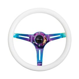 NRG Innovations 350mm White Wood Grain Steering Wheel with Green Glow-n-Dark and Neo Chrome Slitted Spokes