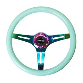 NRG Innovations 350mm Minty Fresh Wood Grain Steering Wheel with Neo Chrome Slitted Spokes
