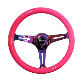 NRG Innovations 350mm Neon Pink Wood Grain Steering Wheel with Neo Chrome Slitted Spokes