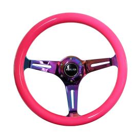   NRG Innovations 350mm Neon Pink Wood Grain Steering Wheel with Neo Chrome Slitted Spokes
