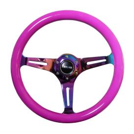 NRG Innovations 350mm Neon Pink Wood Grain Steering Wheel with Neo Chrome Slitted Spokes