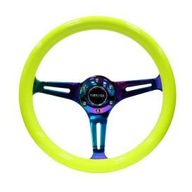 NRG Innovations 350mm Neon Yellow Wood Grain Steering Wheel with Neo Chrome Slitted Spokes