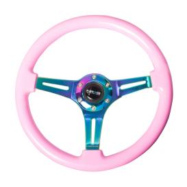 NRG Innovations 350mm Pink Wood Grain Steering Wheel with Neo Chrome Slitted Spokes