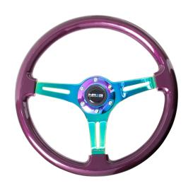 NRG Innovations 350mm Purple Wood Grain Steering Wheel with Neo Chrome Slitted Spokes