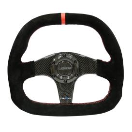 NRG Innovations Flat Bottom Black Suede Steering Wheel with Carbon Fiber Spokes, Red Stitching and Center Mark
