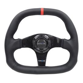 NRG Innovations Flat Bottom Black Leather Steering Wheel with Carbon Fiber Spokes, Black Stitching and Red Center Mark