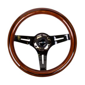 NRG Innovations 310mm Dark Wood Grain Steering Wheel with Black Line Inlay and Chrome Black Slitted Spokes