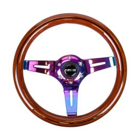 NRG Innovations 310mm Dark Wood Grain Steering Wheel with Black Line Inlay and Neo Chrome Slitted Spokes