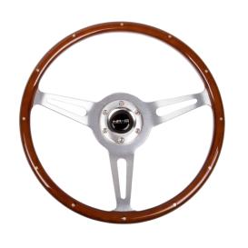 NRG Innovations 365mm Dark Brown Wood Grain Steering Wheel with Brushed Alumium Spokes