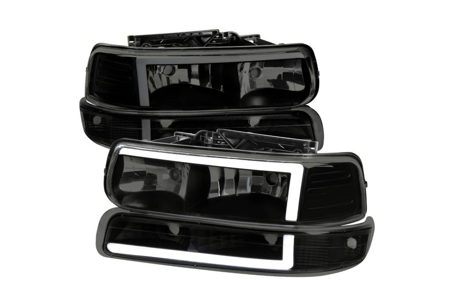 1999 2002 Chevrolet Silverado Spec D Tuning Black Housing Smoke Lens Factory Style Headlight and Bumper Lights with LED Light Bar Spec D Tuning LBLH SIV99SM G3 RS