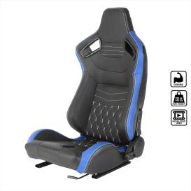 Spec-D Tuning Black / Blue PVC Leather with White Stitching Fully Reclinable Racing Seat with Sliders (Driver Side)