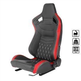 Spec-D Tuning Black / Red PVC Leather Carbon Fiber Pattern Cushion with White Stitching Fully Reclinable Racing Seat with Slider (Driver Side)